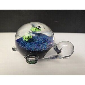 Hand Blown Art Glass Sea Turtle Paperweight Infused Baby Turtles Blue Green 5"